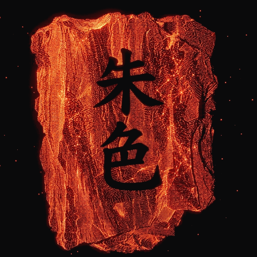朱色, the Japanese word for vermilion, cut out of a glowing slab drawn in the site's dot-matrix ember style.
